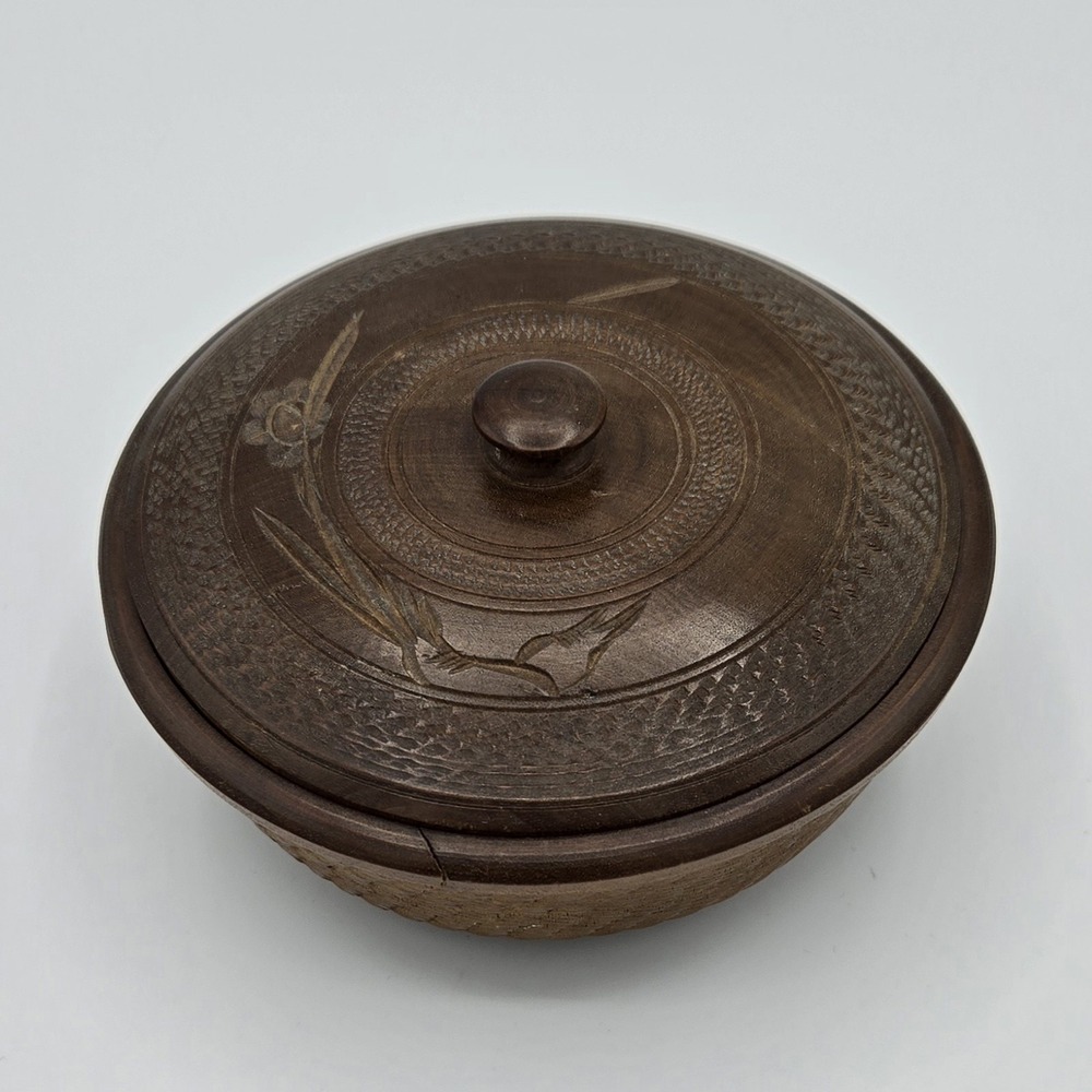 Vintage Hand Carved Japanese Treen Ware Rice Bowl with Lid Bird‎ Motif